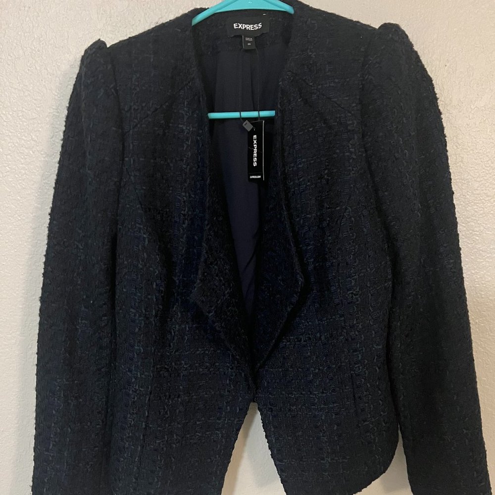 Express - Draped Front Puff Sleeve Boucle Blazer